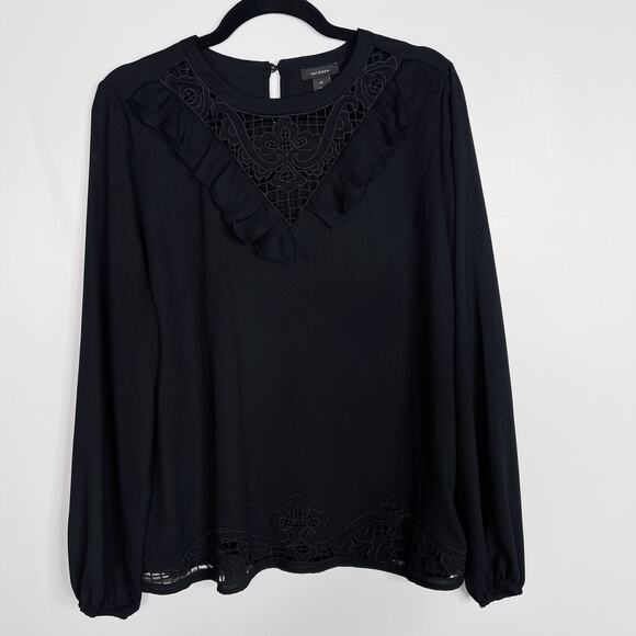 Halogen Medium M Black Eyelet Ruffle Yoke Detail Long Sleeve Blouse Top Peasant - Picture 1 of 8